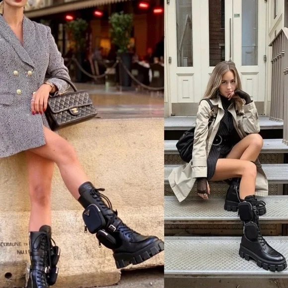 Prada Monolith Black Leather Combat Boots With Removable Pouches Tall Boot Sz 37 - Picture 2 of 12